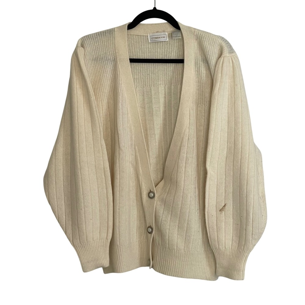 Cymbrion Vintage Angora Lambswool Ribbed‎ Cardigan Cream Puff Sleeve Large